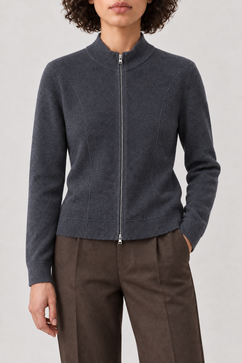 Shaped Zip Cardigan, Dark Grey, front