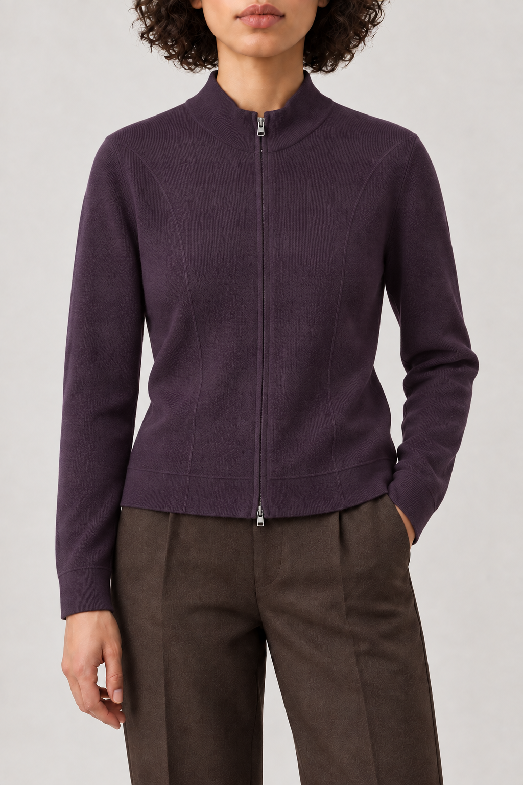 Shaped Zip Cardigan, Plum, front