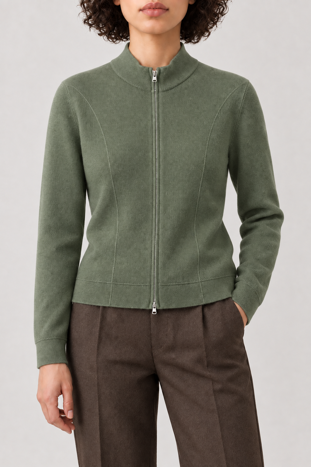 Shaped Zip Cardigan, Green, front