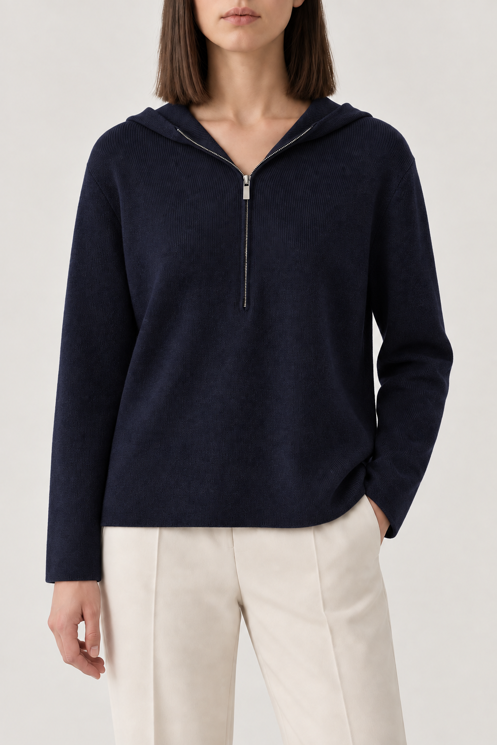 Merino Half-Zip Hoodie, Midnight Navy, front
