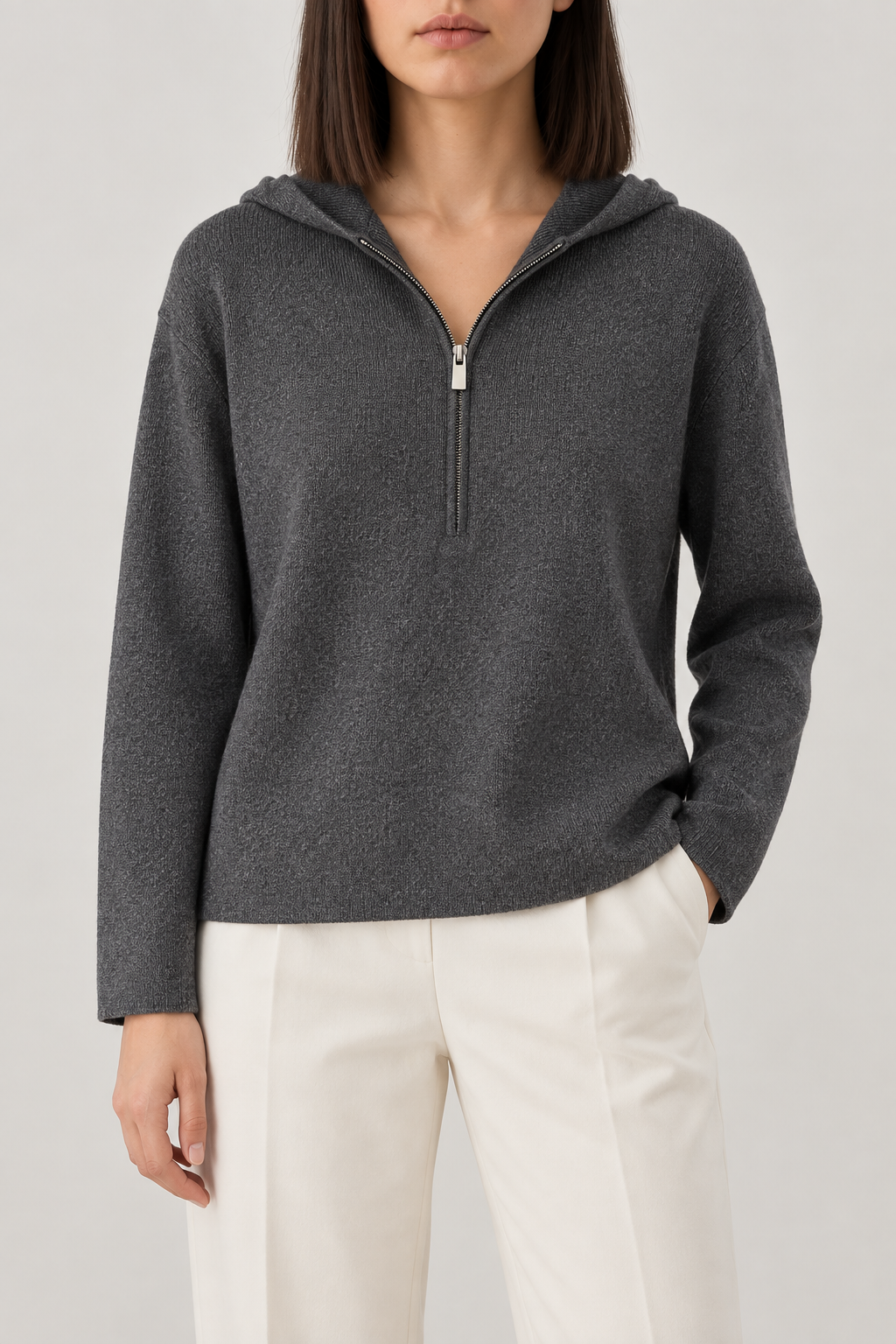 Merino Half-Zip Hoodie, Heather Grey, front