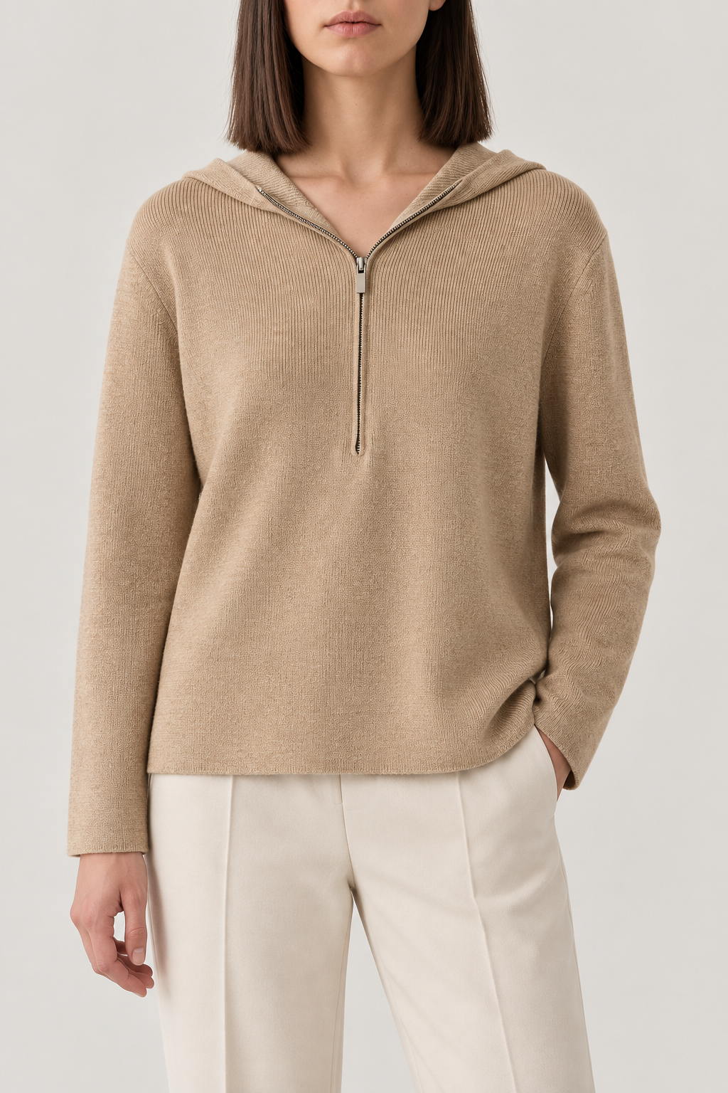 Merino Half-Zip Hoodie, Camel Beige, front