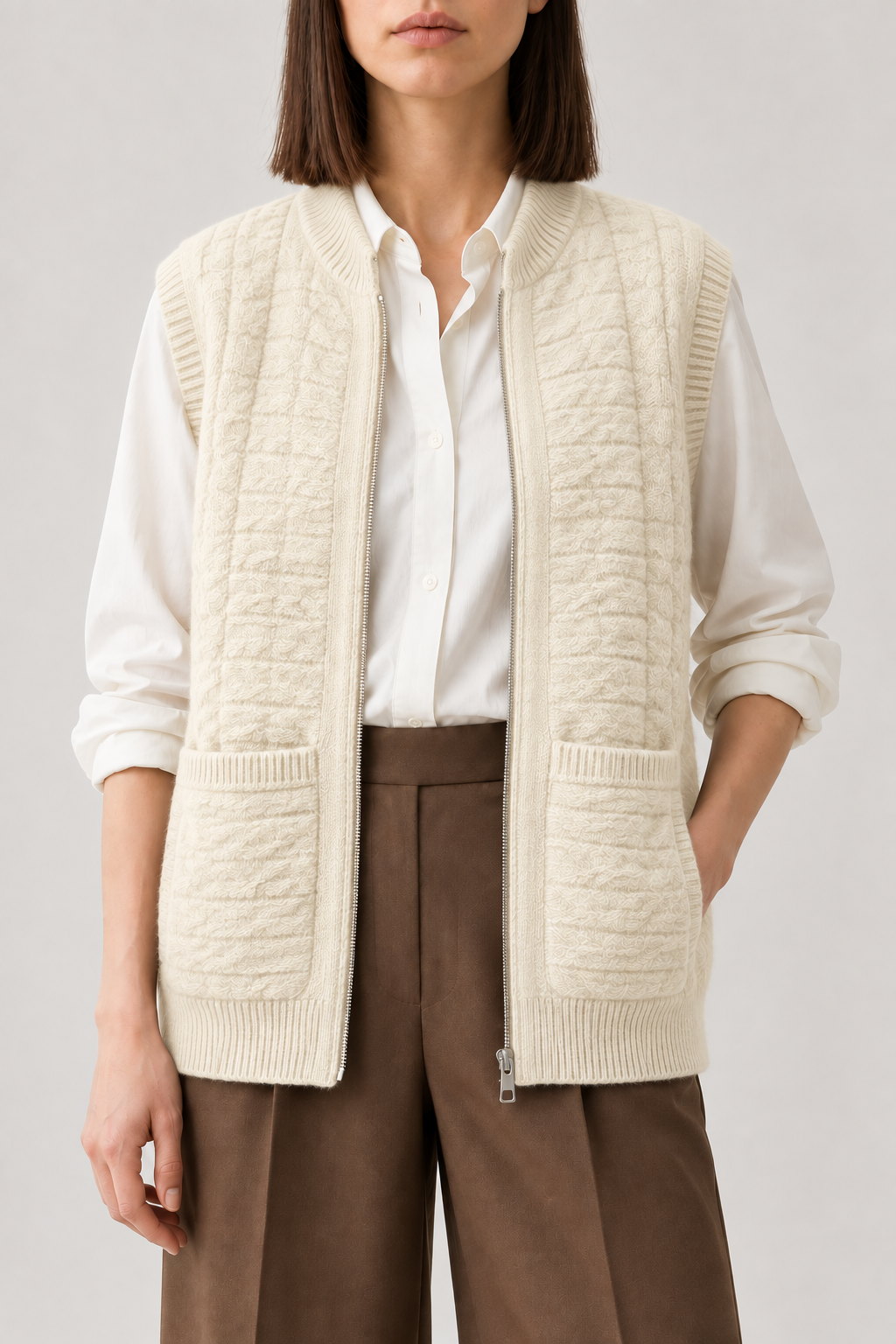 Cable Zip Vest, Cream, front
