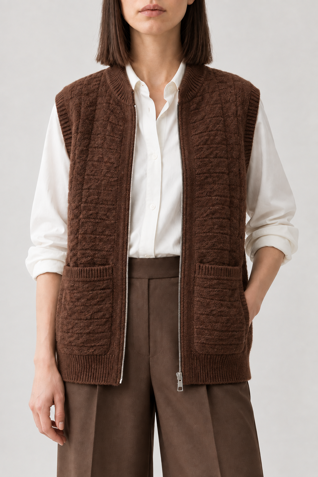 Cable Zip Vest, Walnut Brown, front