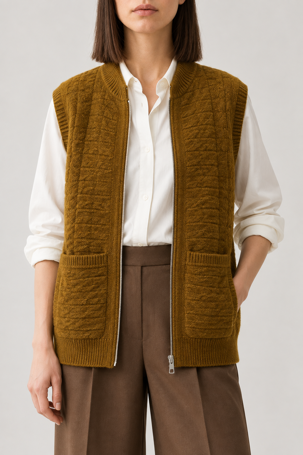 Cable Zip Vest, Mustard gold, front