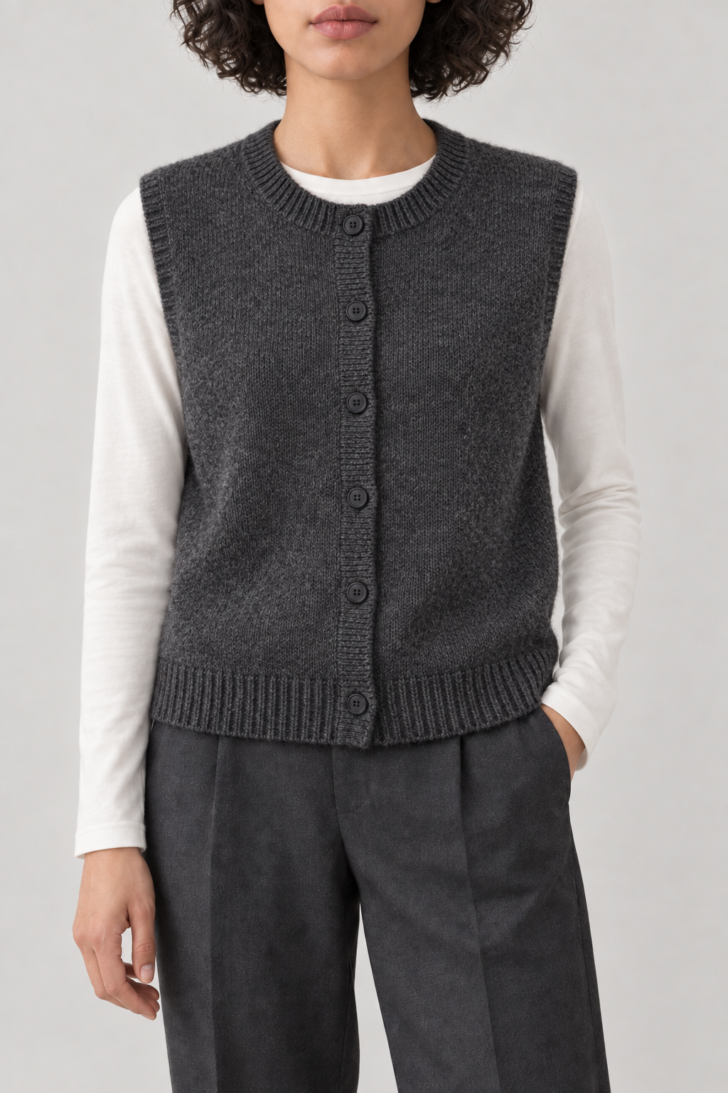 Cashmere Button-Front Vest, Charcoal, front