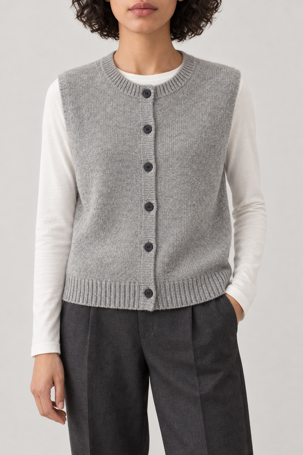 Cashmere Button-Front Vest, Light Grey, front