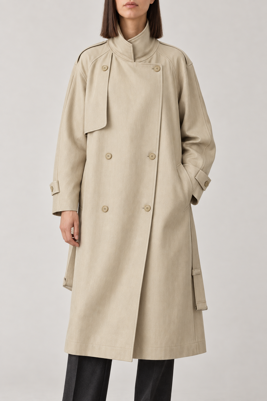 Long Belted Trench Coat, Light stone beige, front