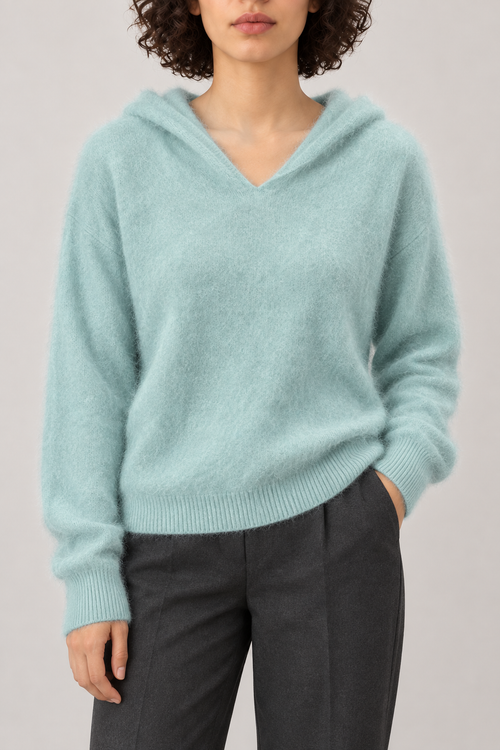 Cashmere Brushed Hooded Pullover, Seafoam, front