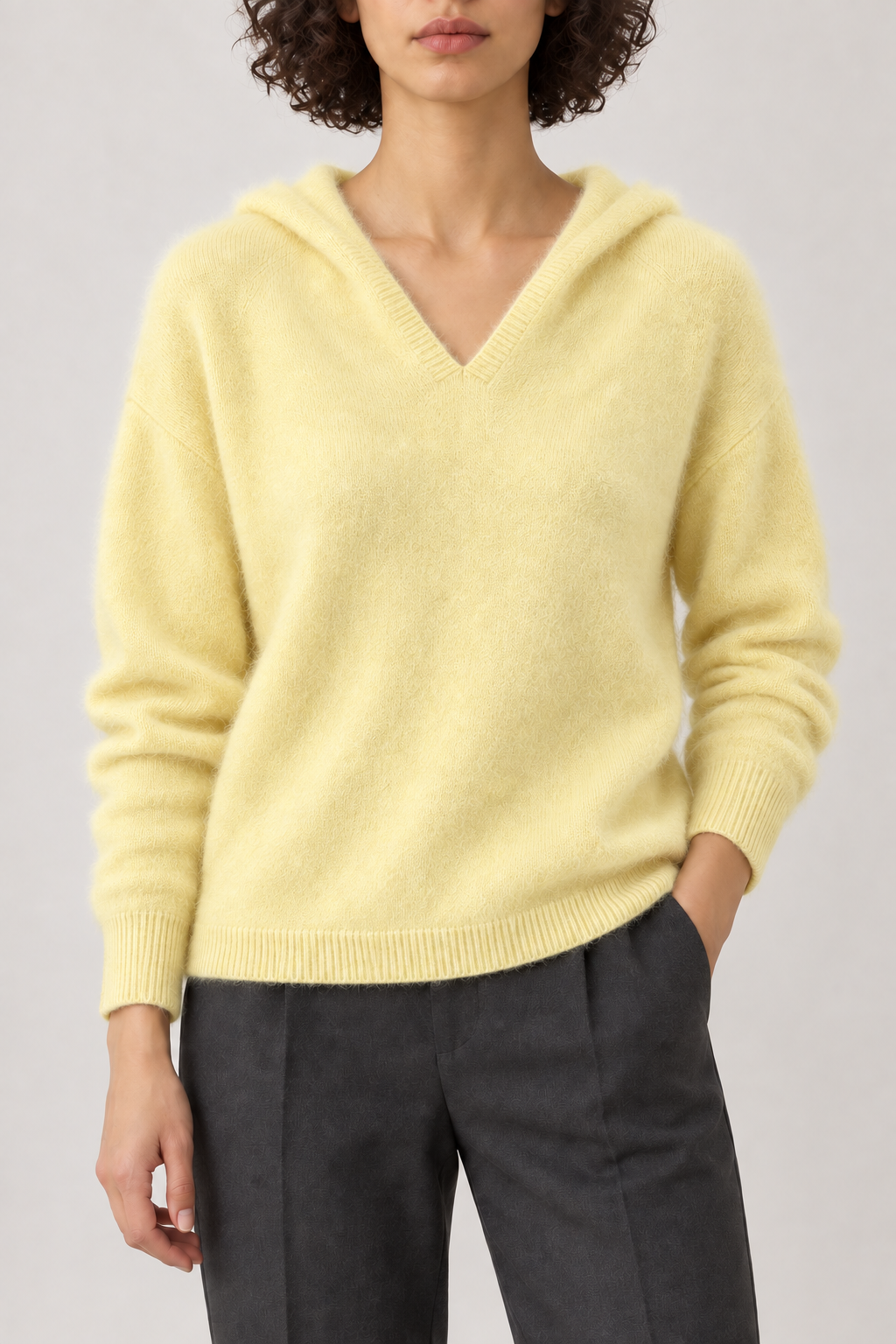 Cashmere Brushed Hooded Pullover, Butter Yellow, front