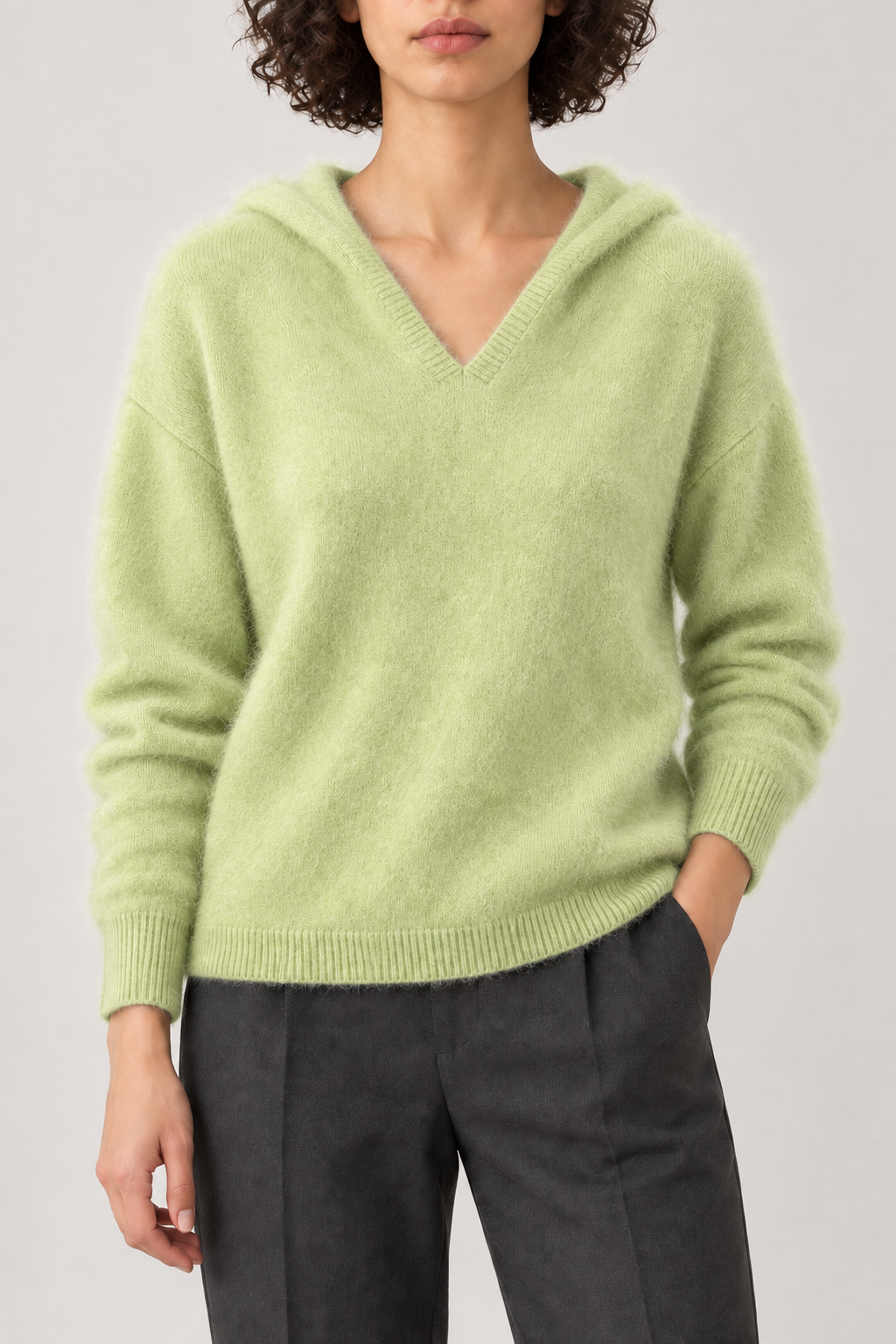 Cashmere Brushed Hooded Pullover, Lime Green, front