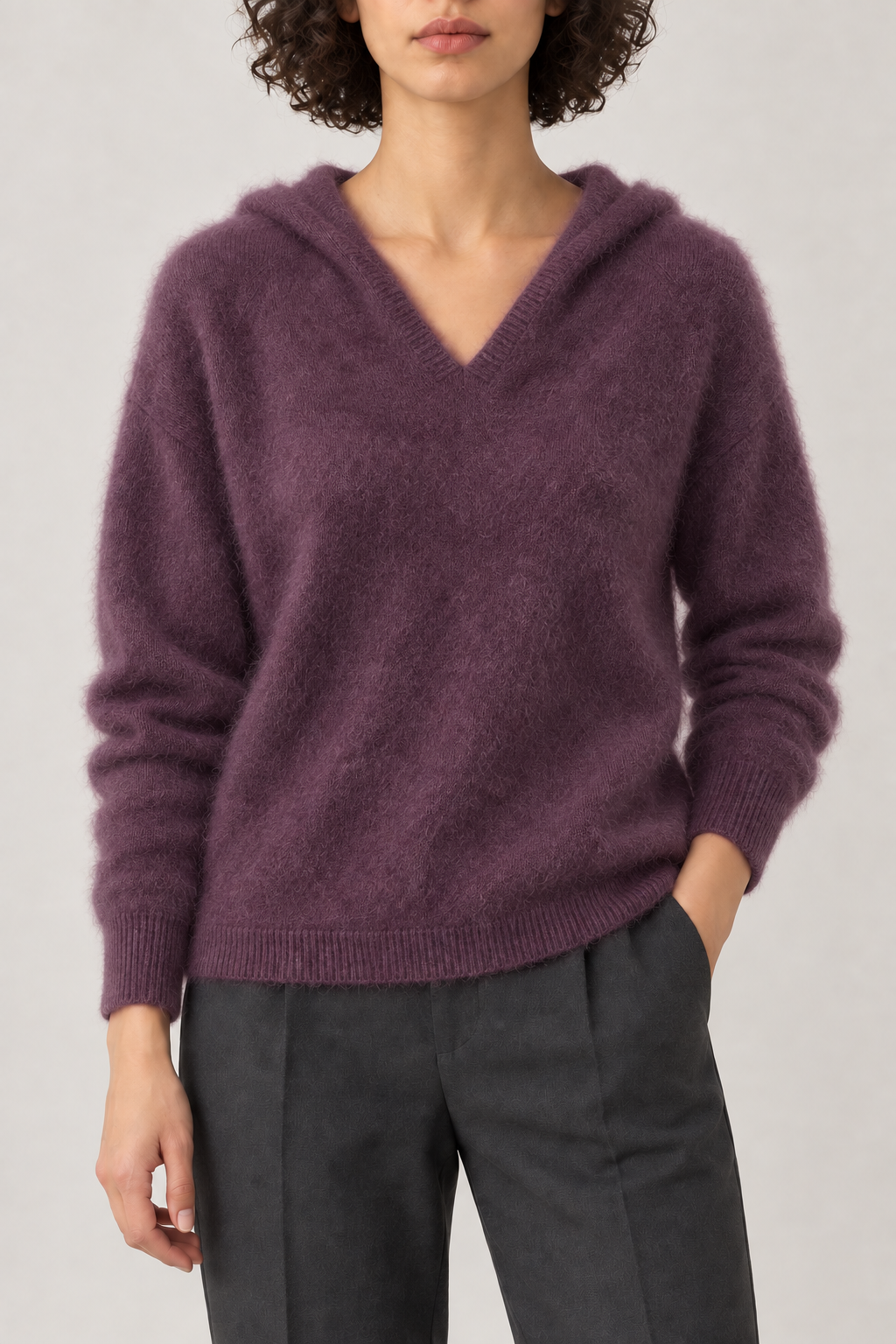 Cashmere Brushed Hooded Pullover, Plum, front