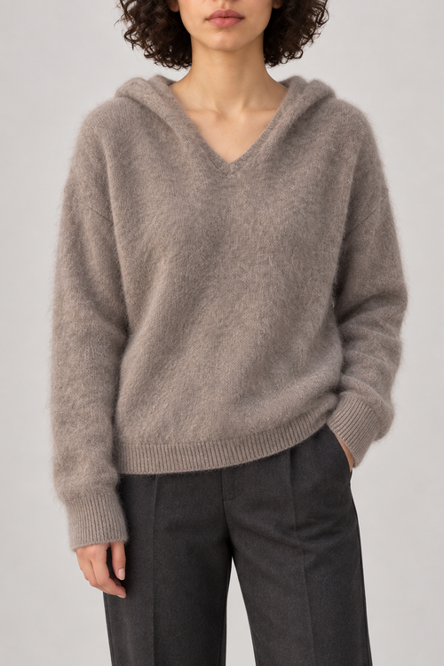 Cashmere Brushed Hooded Pullover, Mushroom, front