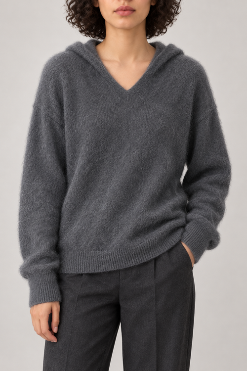 Cashmere Brushed Hooded Pullover, Charcoal, front