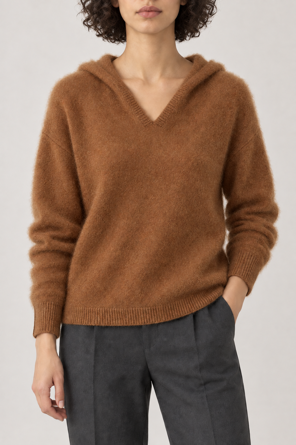 Cashmere Brushed Hooded Pullover, Cinnamon, front