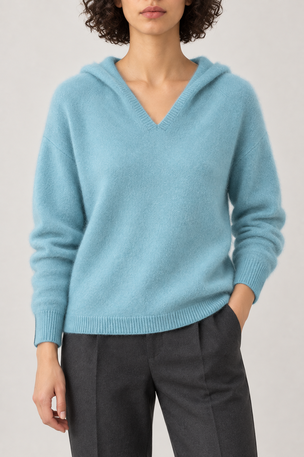 Cashmere Brushed Hooded Pullover, Ocean Blue, front