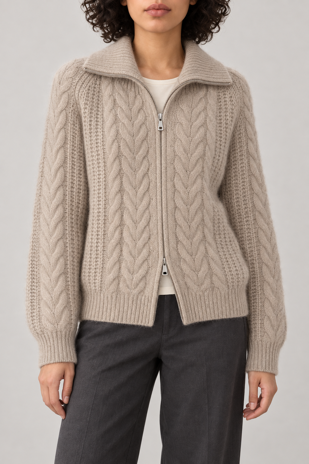 Cashmere Twist-Knit Zip Jacket, Taupe, front