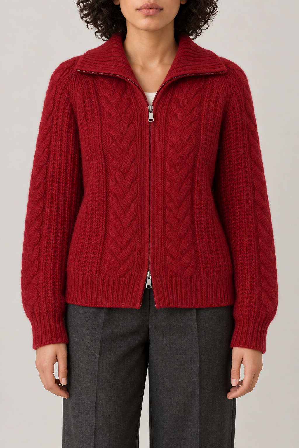 Cashmere Twist-Knit Zip Jacket, Red, front