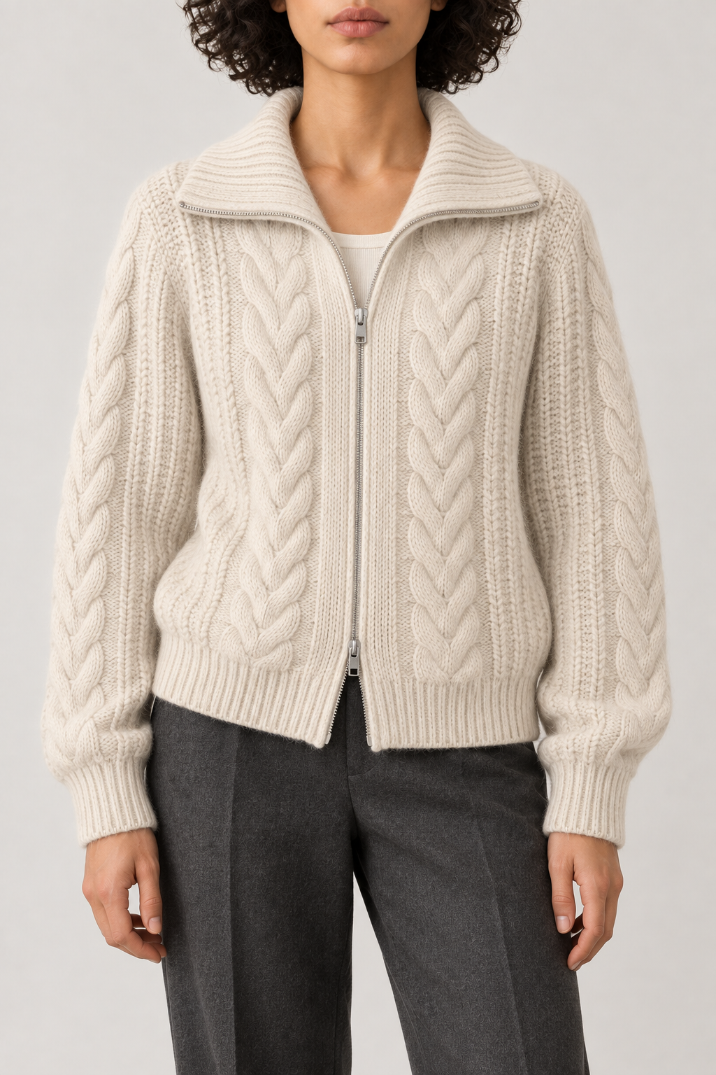 Cashmere Twist-Knit Zip Jacket, Ivory Oatmeal, front