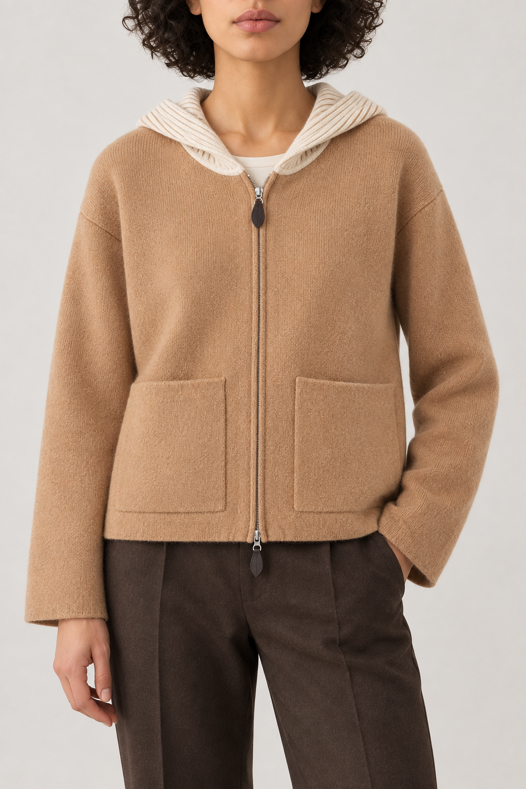 Cashmere Leather-Pull Zip Hoodie, Light Camel, front