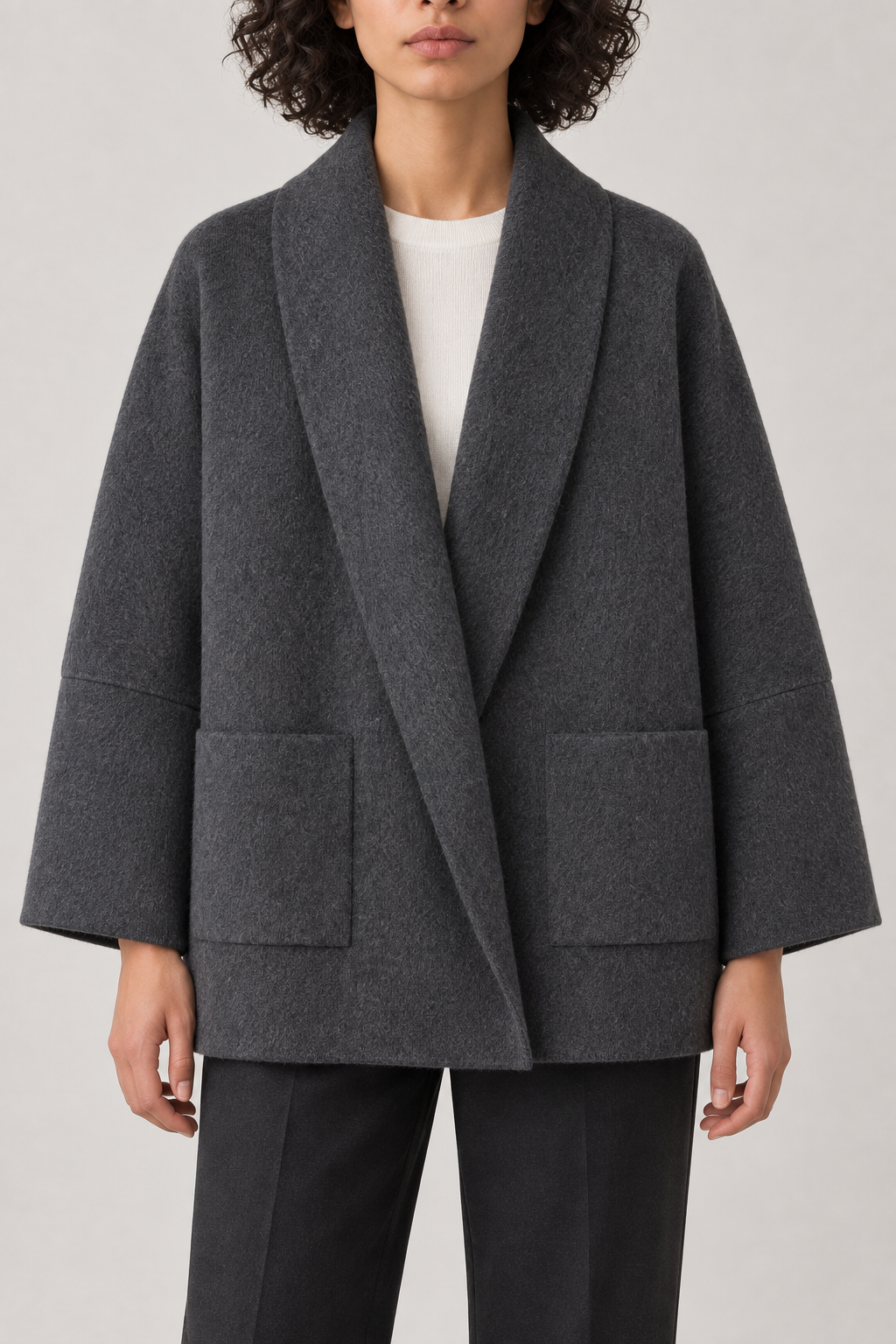 Cashmere Bathrobe-Collar Coat, Charcoal Grey, front