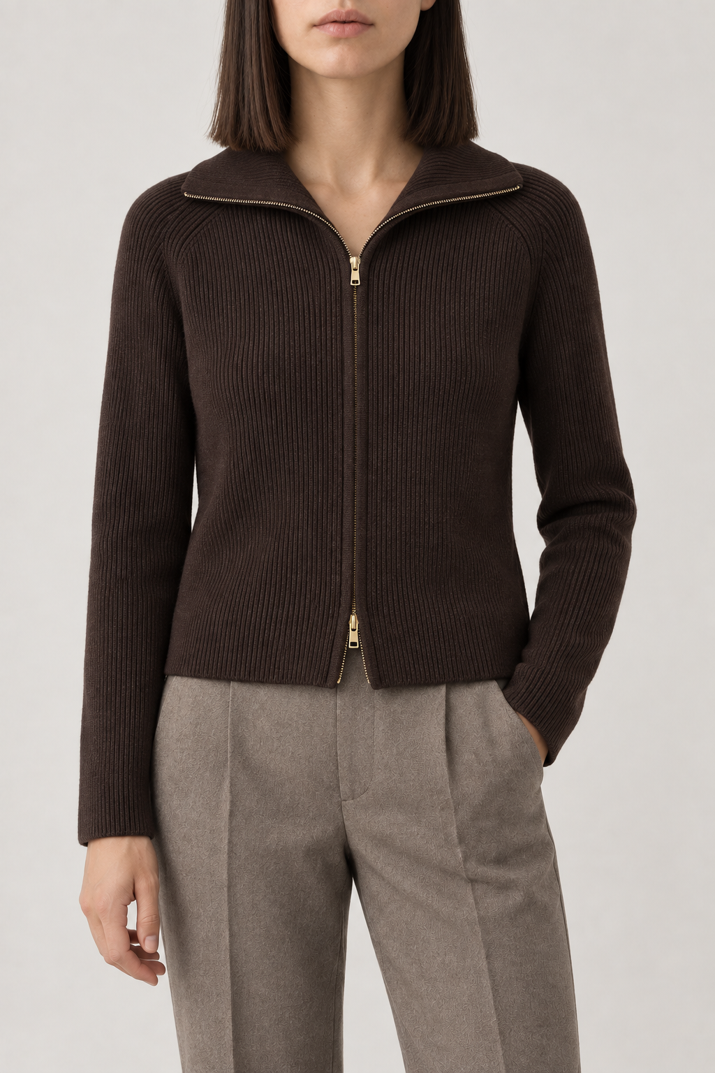 Merino Leather-Trim Zip Jacket, Chocolate Brown, front