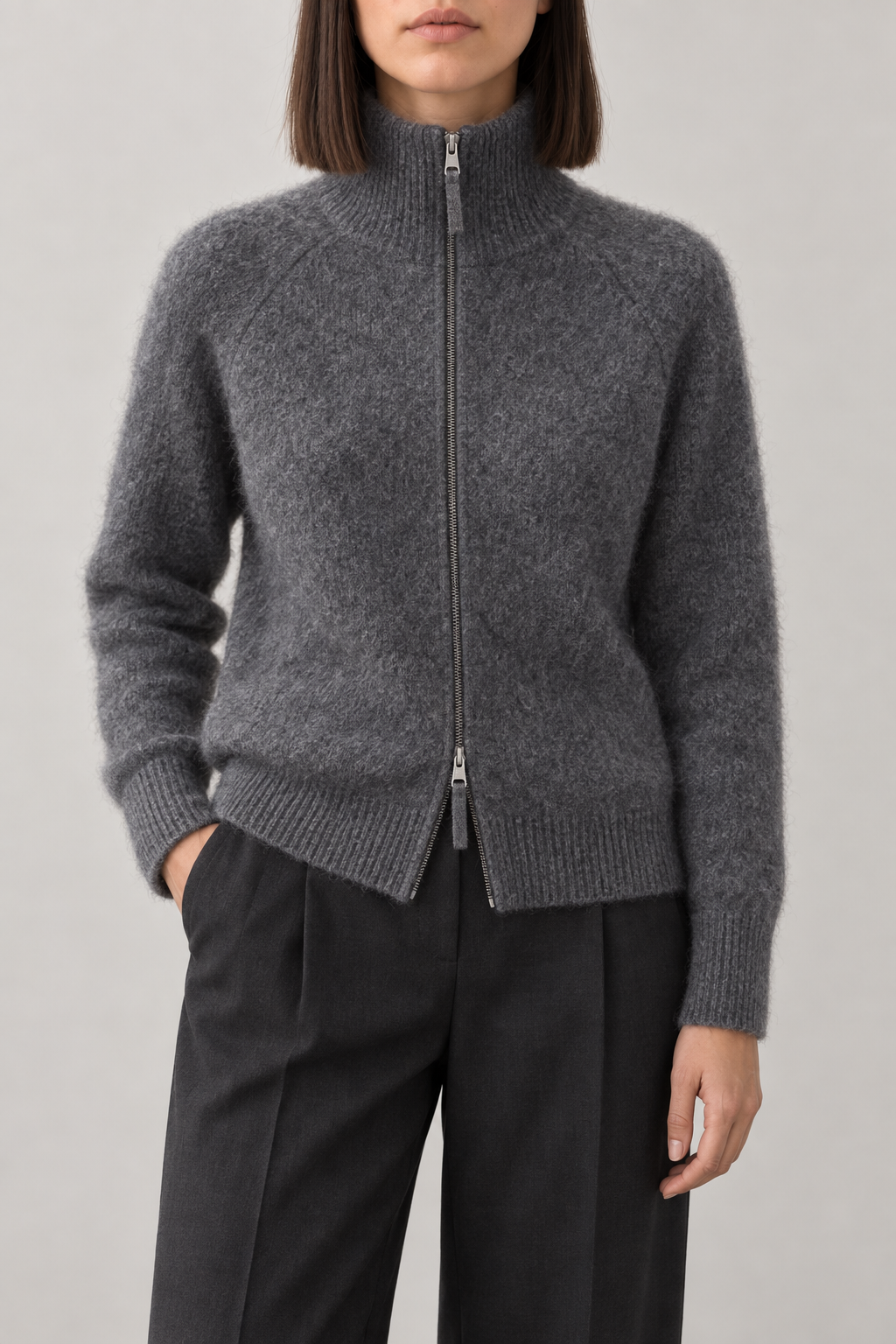 Cashmere Funnel-Neck Zip Jacket, Dark Grey, front