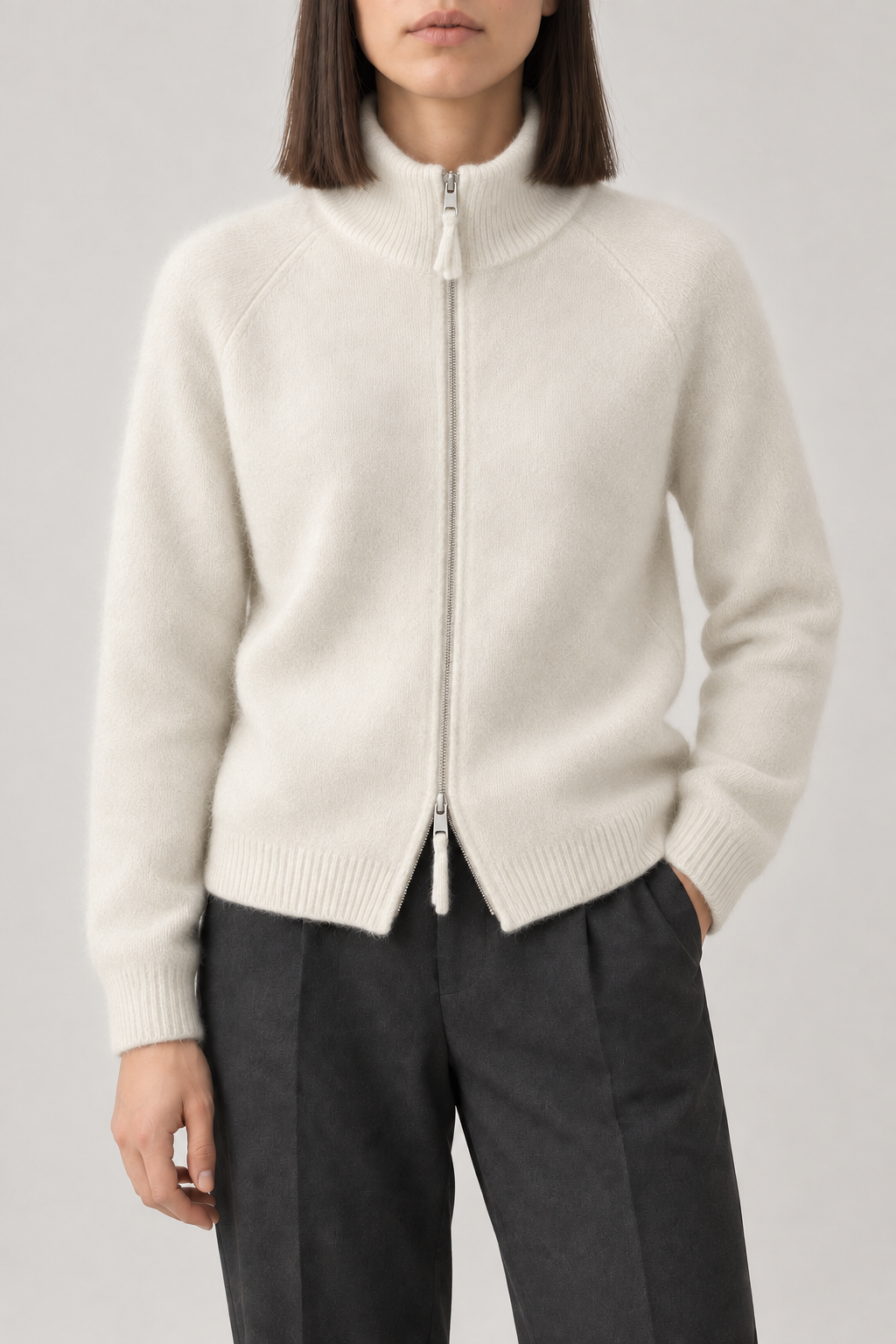Cashmere Funnel-Neck Zip Jacket, Ivory, front