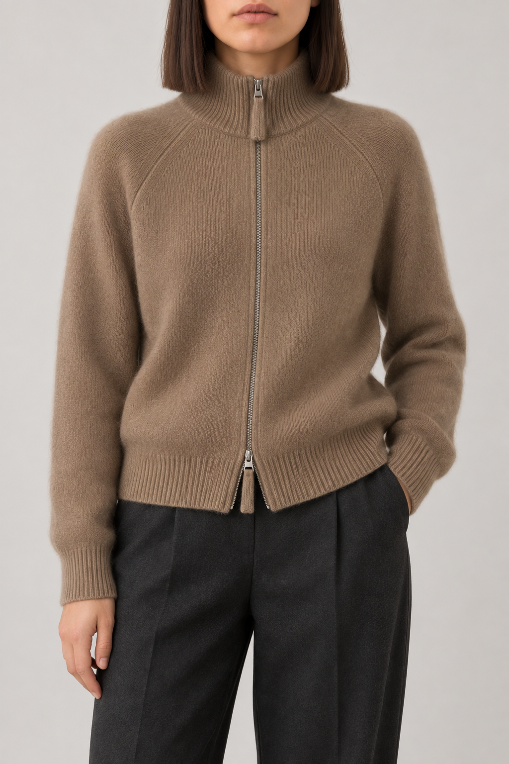 Cashmere Funnel-Neck Zip Jacket, Camel, front