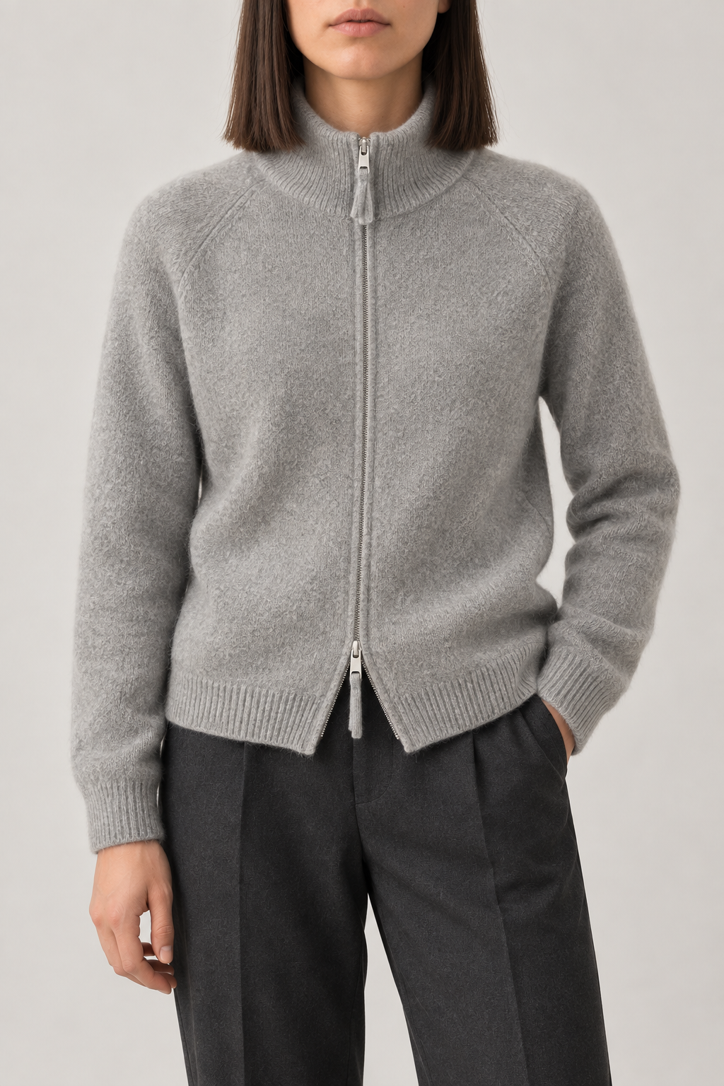 Cashmere Funnel-Neck Zip Jacket, Heather Grey, front
