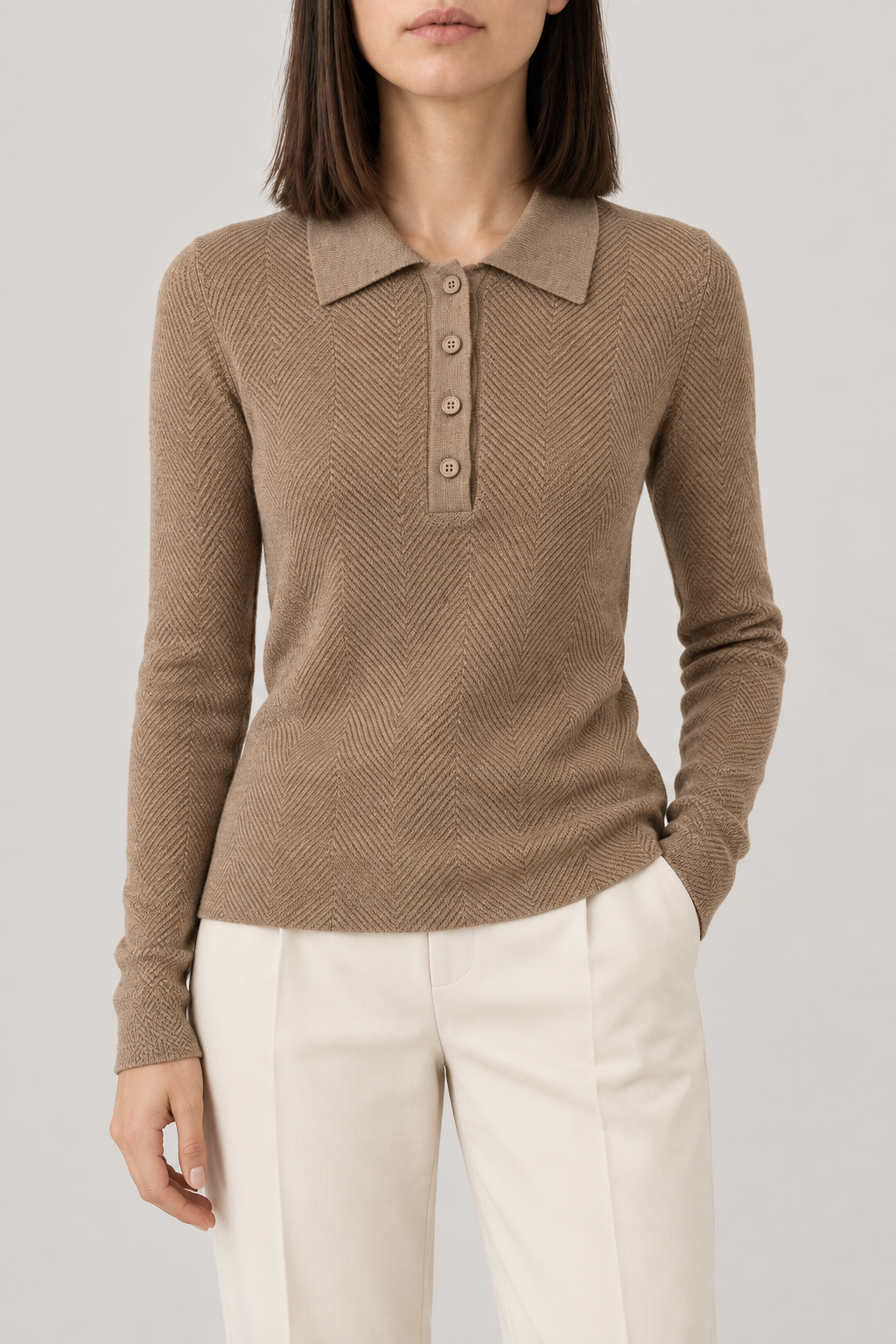 Merino Herringbone Polo, Mocha, front