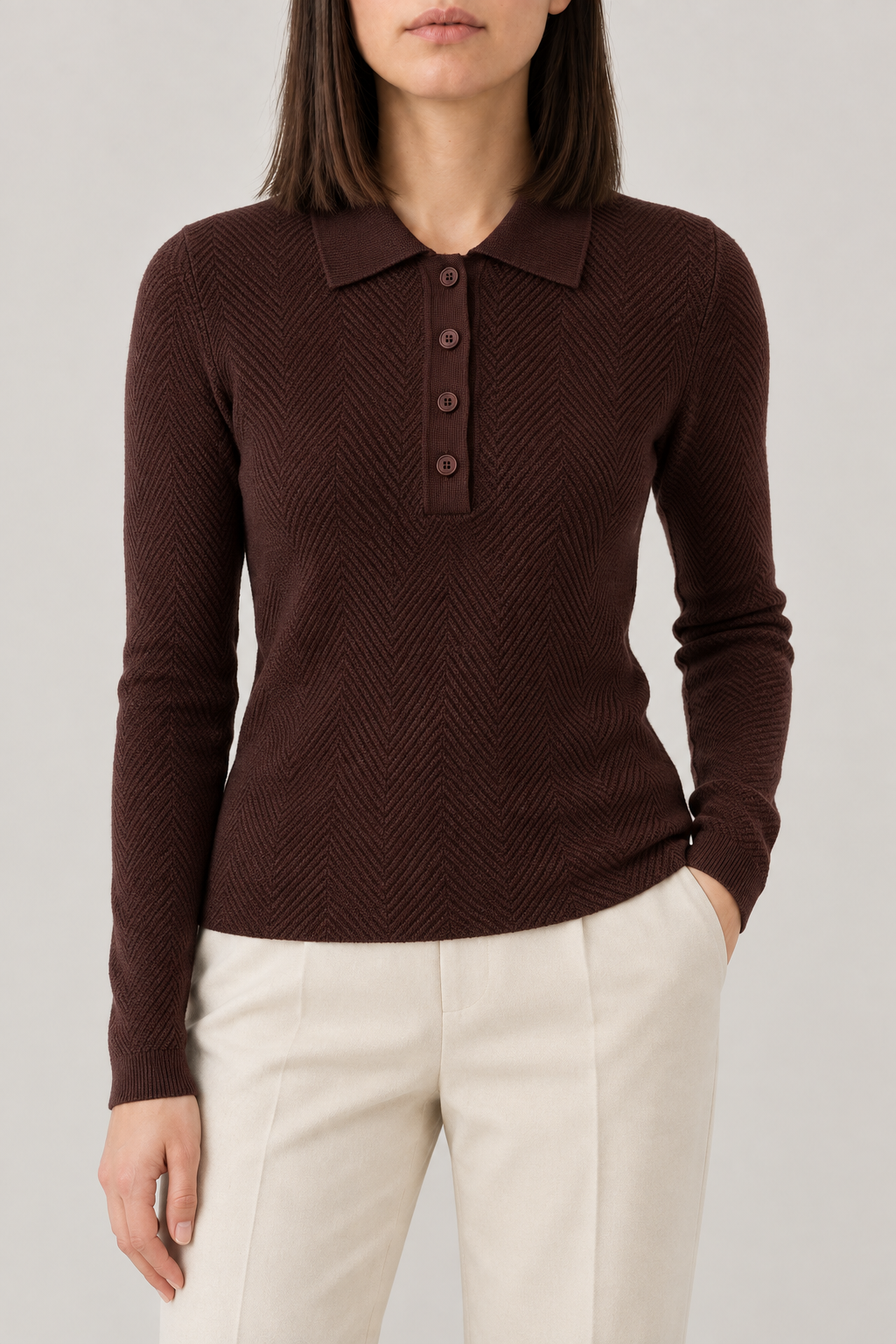 Merino Herringbone Polo, Chestnut, front