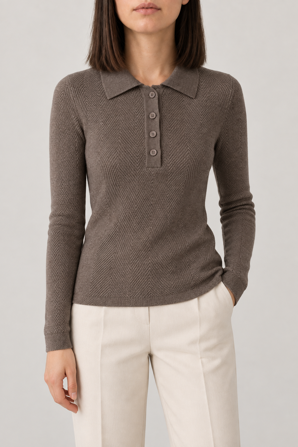 Merino Herringbone Polo, Taupe, front
