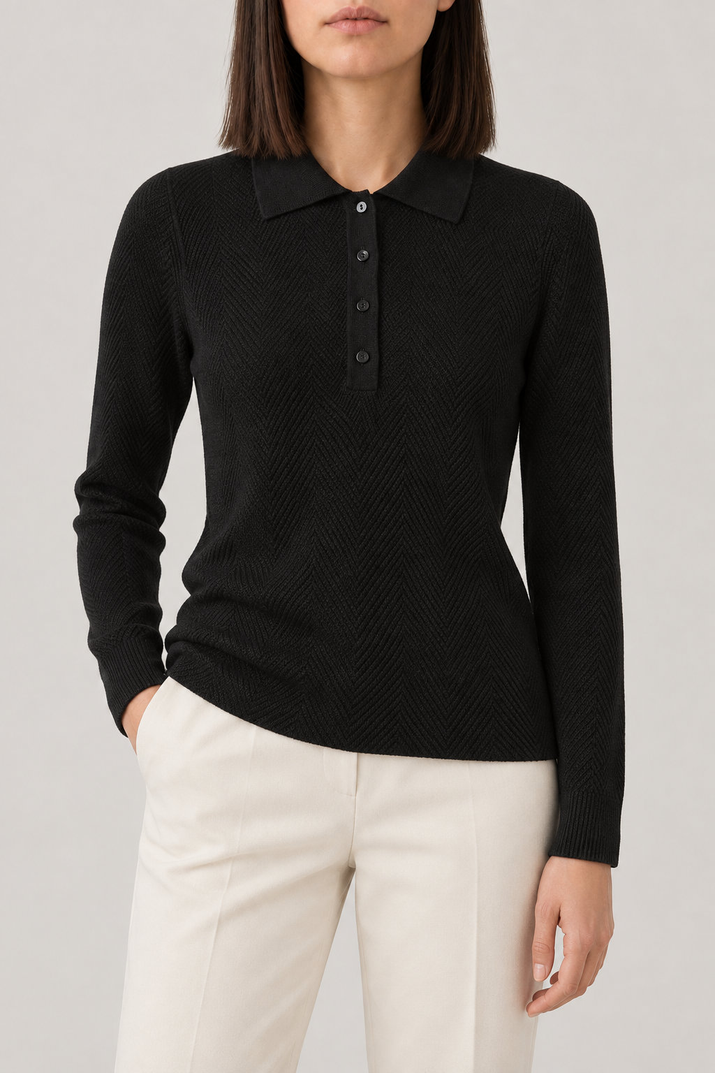 Merino Herringbone Polo, Black, front