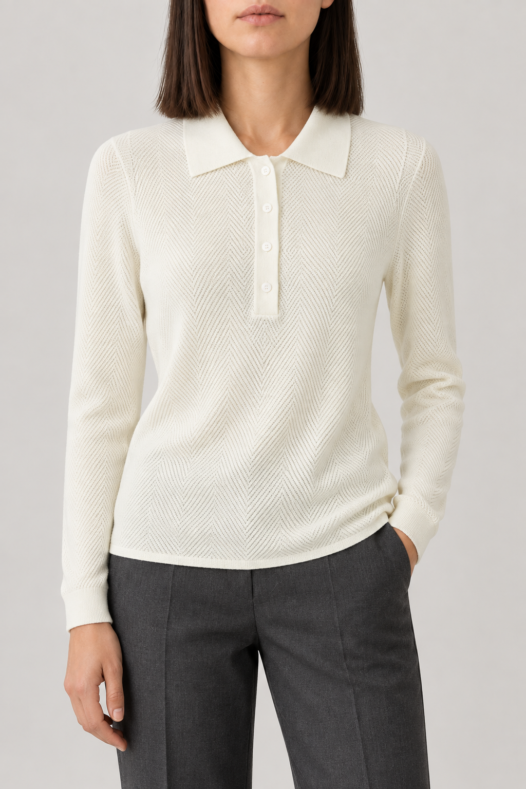 Merino Herringbone Polo, Pearl White, front