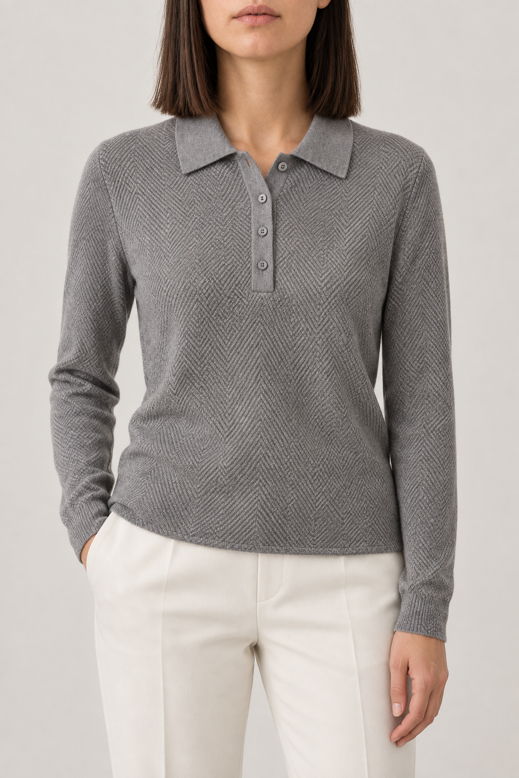 Merino Herringbone Polo, Mid Grey, front