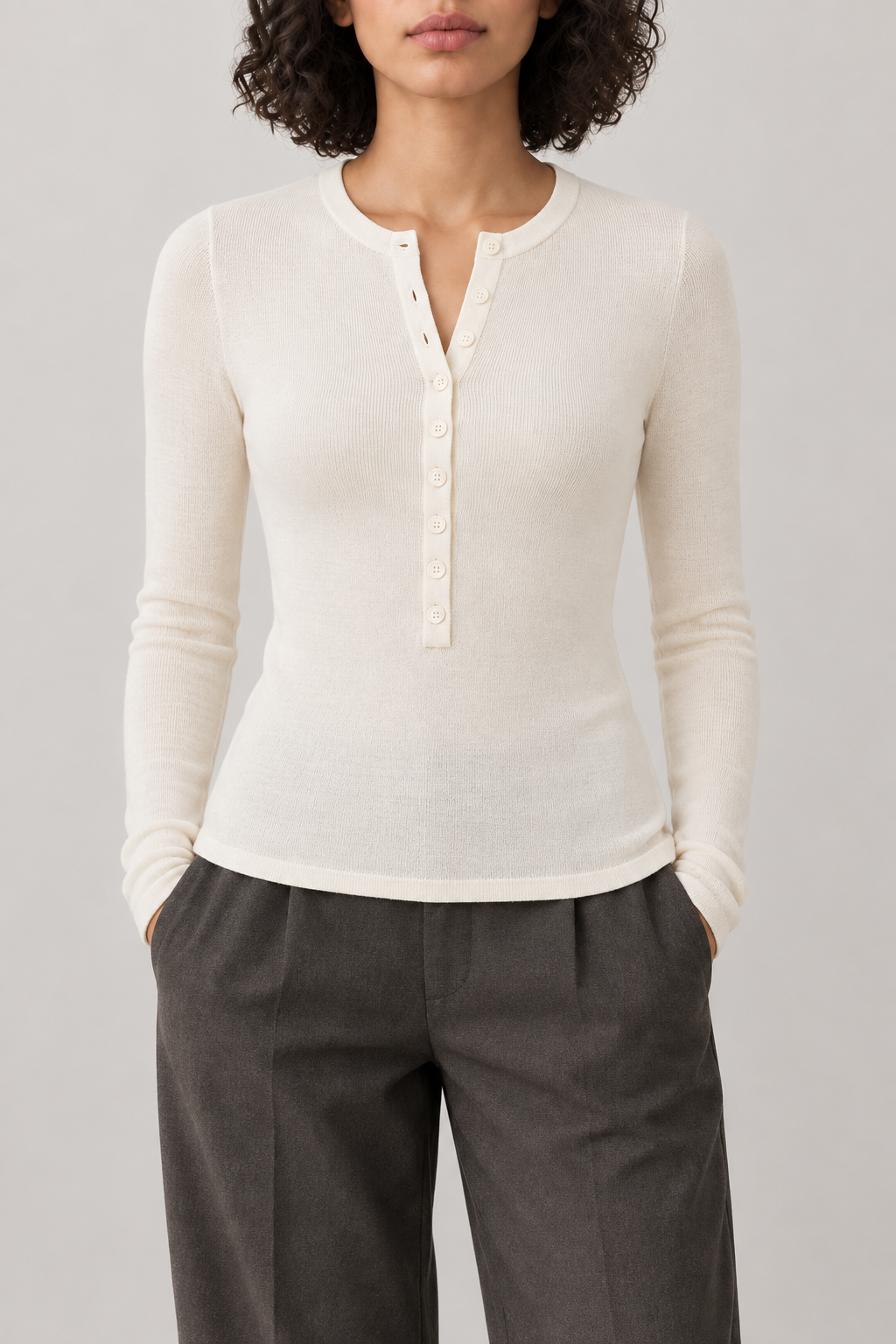 Merino Henley Sweater, Ivory, front