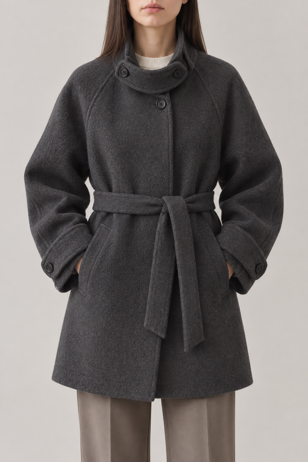 Cashmere Tie-Belt Coat, Charcoal, front