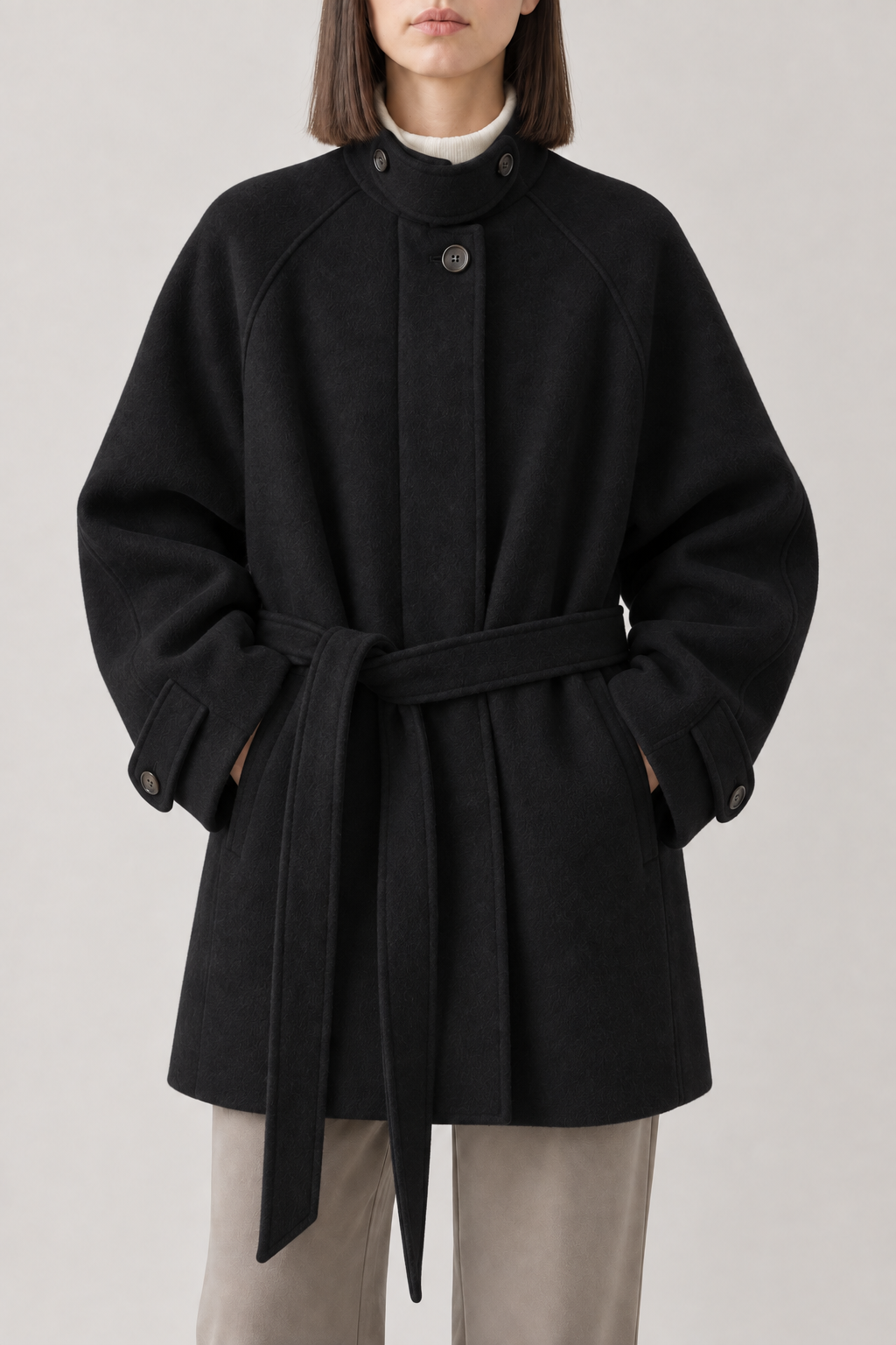 Cashmere Tie-Belt Coat, Black, front