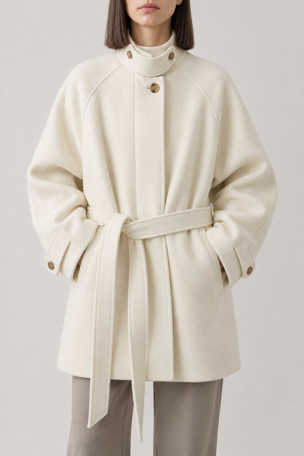 Cashmere Tie-Belt Coat, Cream, front