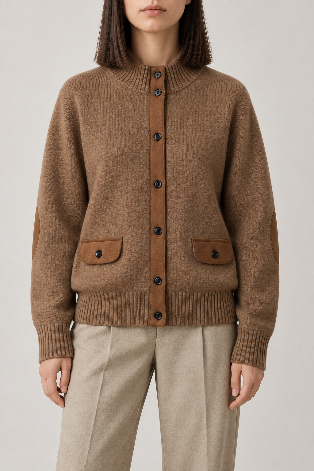 Cashmere Leather-Trim Cardigan, Milk Coffee, front