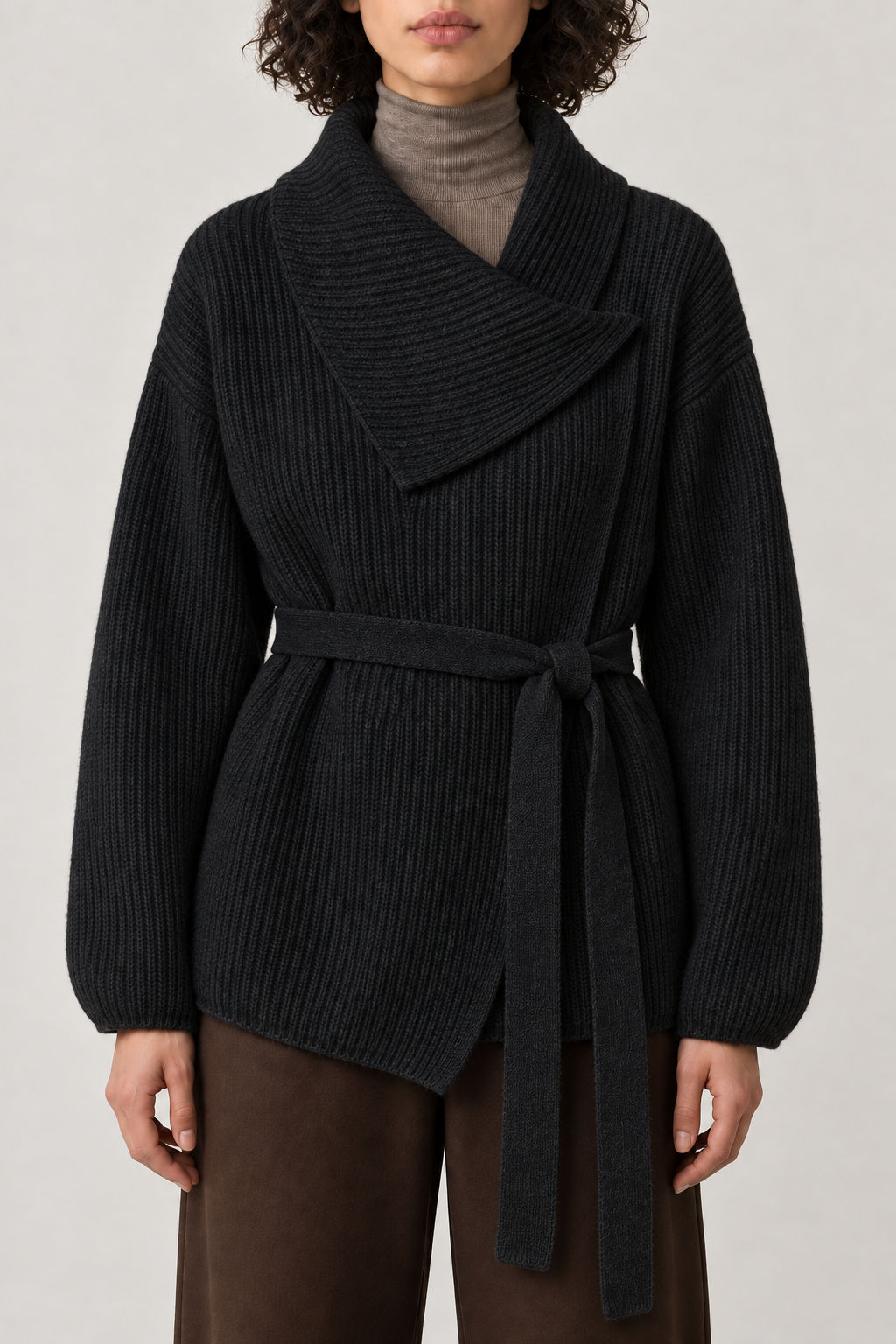 Merino Shawl-Collar Wrap Coat, Carbon Black, front
