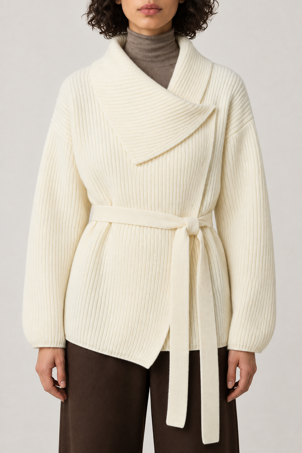 Merino Shawl-Collar Wrap Coat, Warm Ivory, front