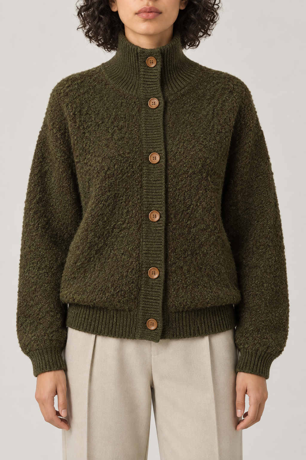 Cashmere Loop-Knit Sweater, Army Green, front
