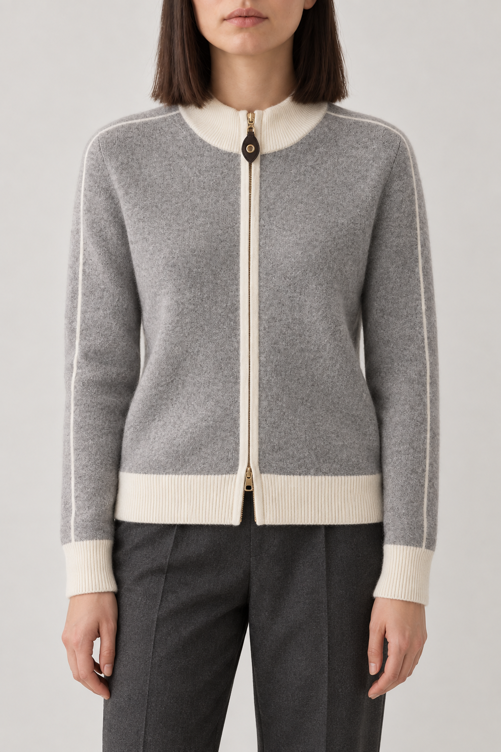 Cashmere Color-Block Zip Jacket, Cloud Grey, front