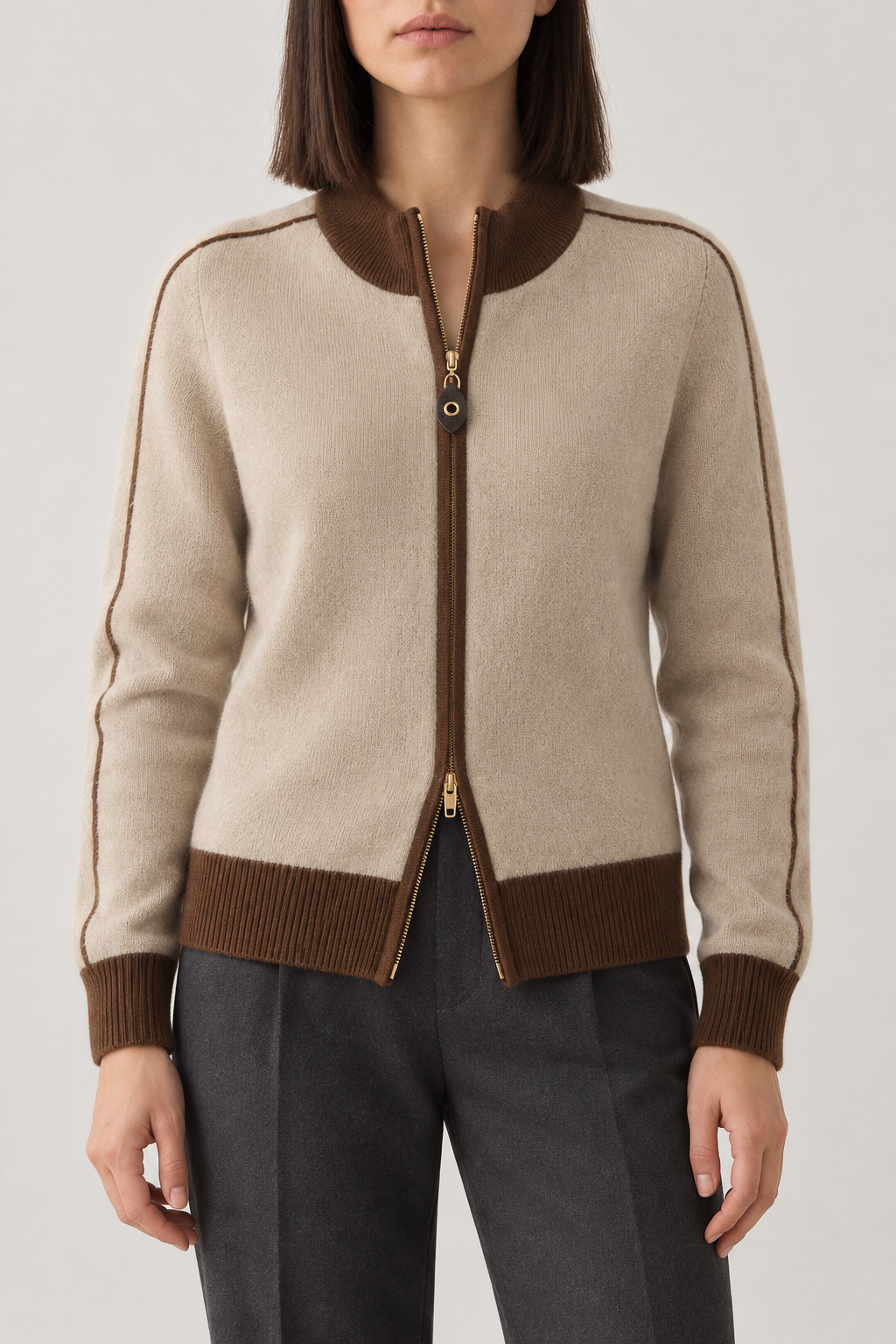 Cashmere Color-Block Zip Jacket, Oat Beige, front