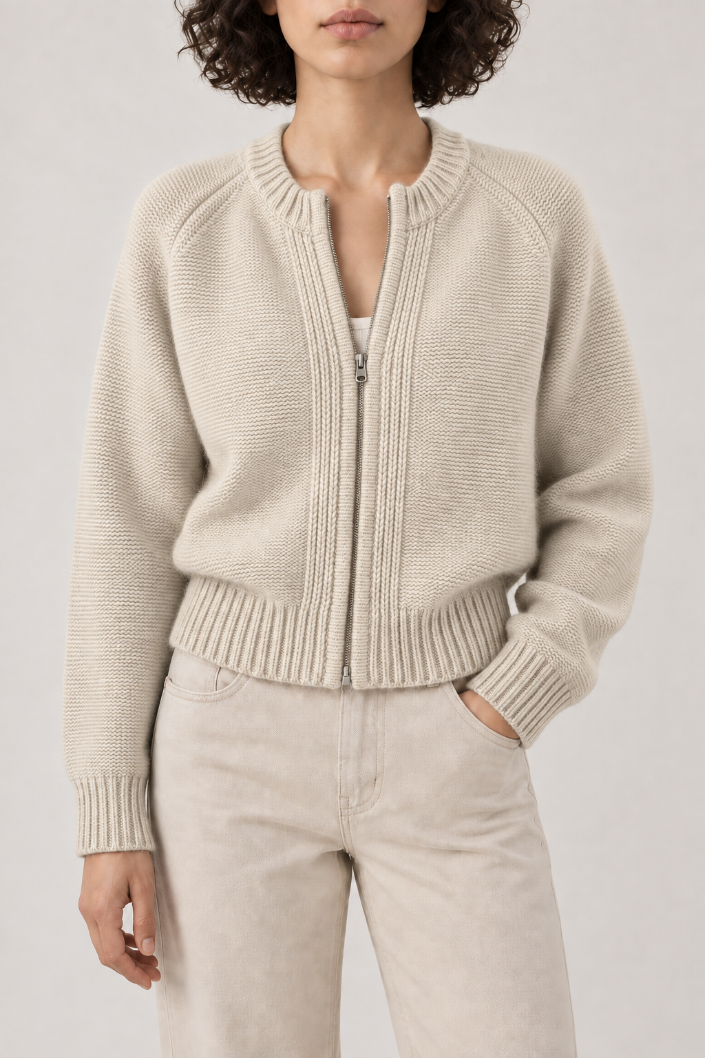 Cashmere Bomber Jacket, Oat Beige, front