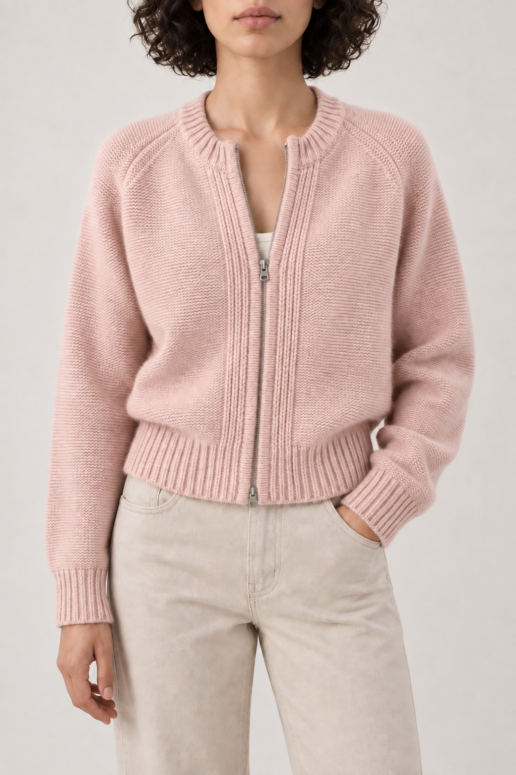 Cashmere Bomber Jacket, Blush Pink, front