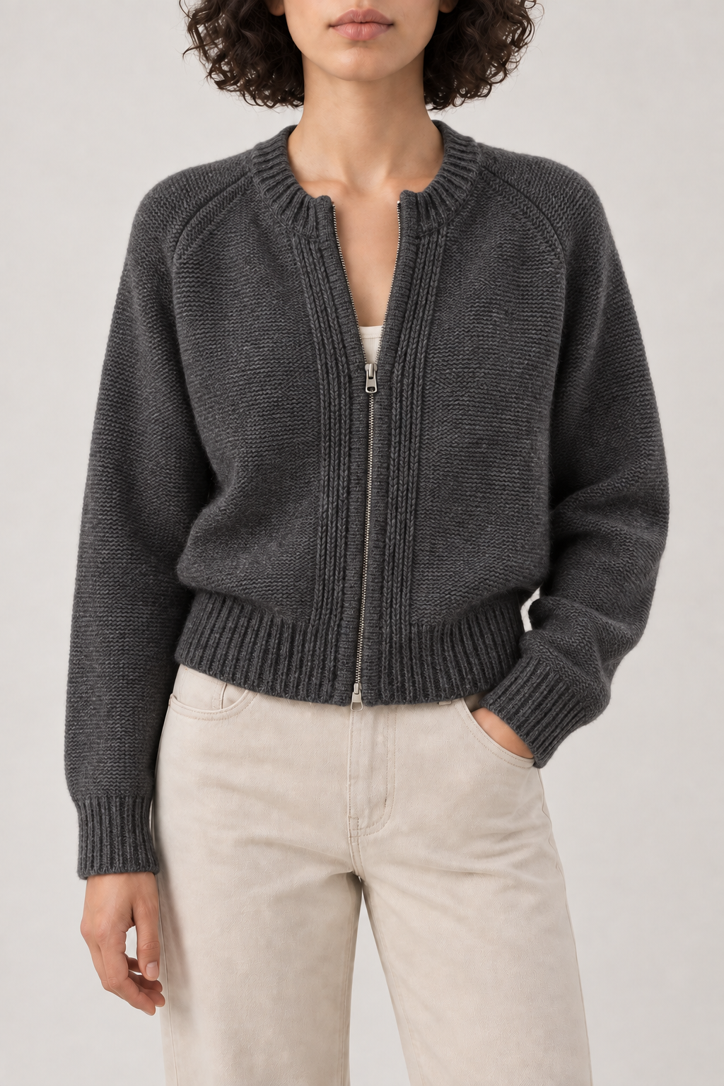 Cashmere Bomber Jacket, Charcoal, front