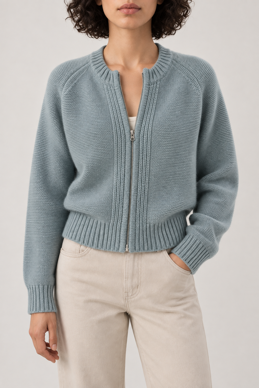 Cashmere Bomber Jacket, Blue Grey, front